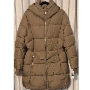 Michael Kors Women's Long Insulated Jacket With Adjustable Waist Belt Taupe L